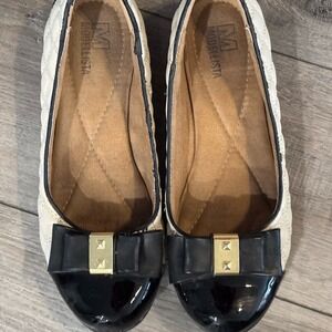 Black and Cream Patent Leather Flats with Bow Detail